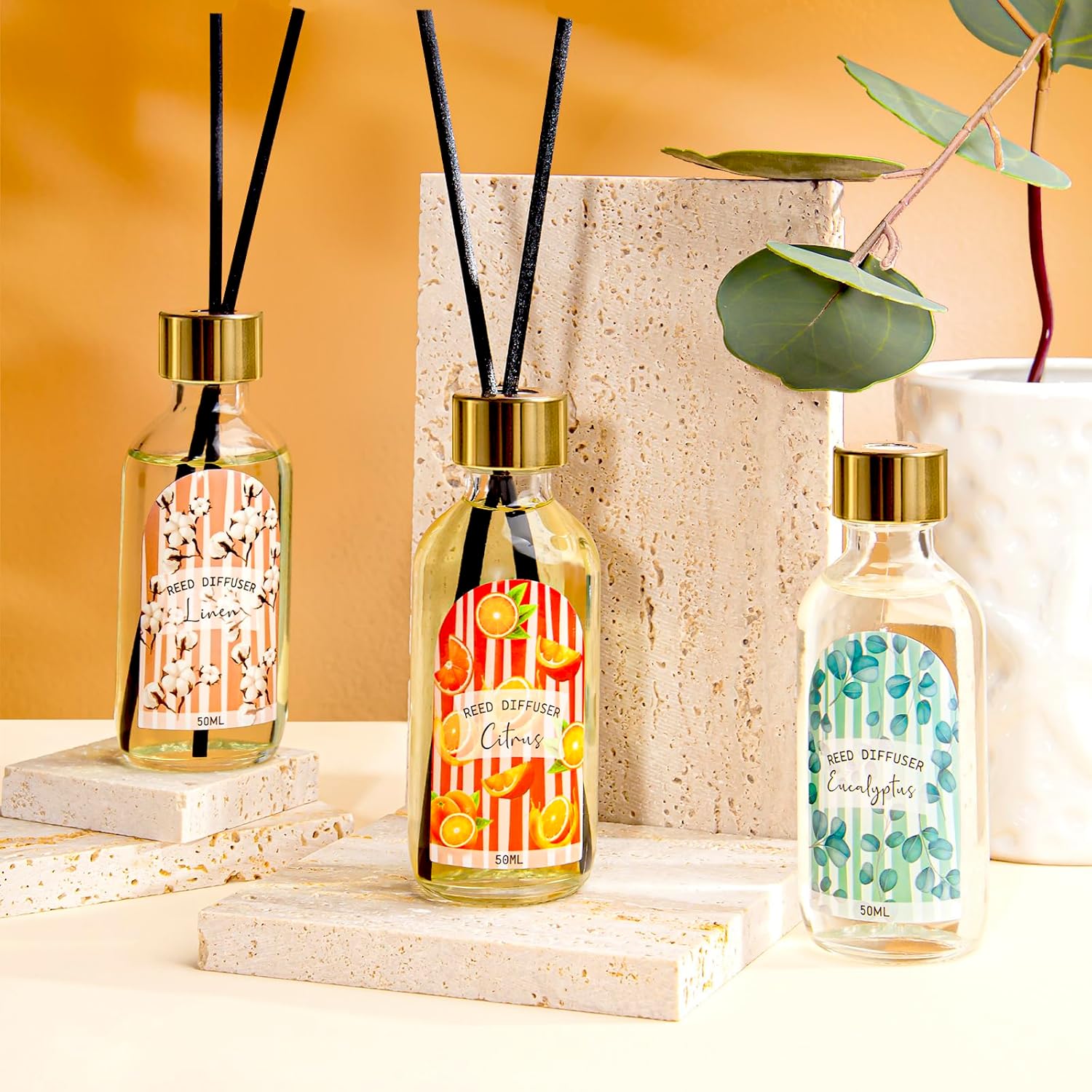 3 Pack Reed Diffuser Set Linen Eucalyptus Citrus Scented for Home Office Decor
