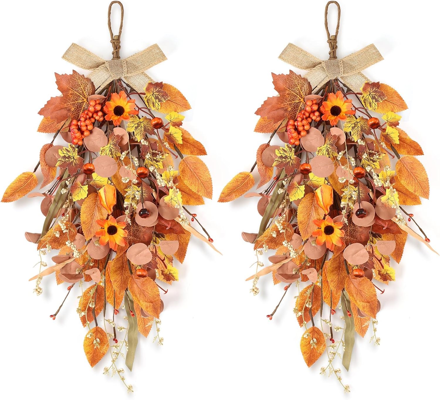 2 Pcs 24 Inch Artificial Autumn Teardrop Wreath