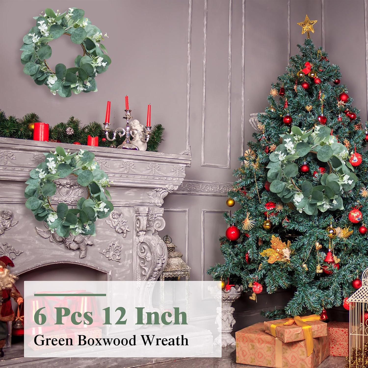 Redbaker 6 Pcs Eucalyptus Wreath 12 Inch Artificial Green Decor