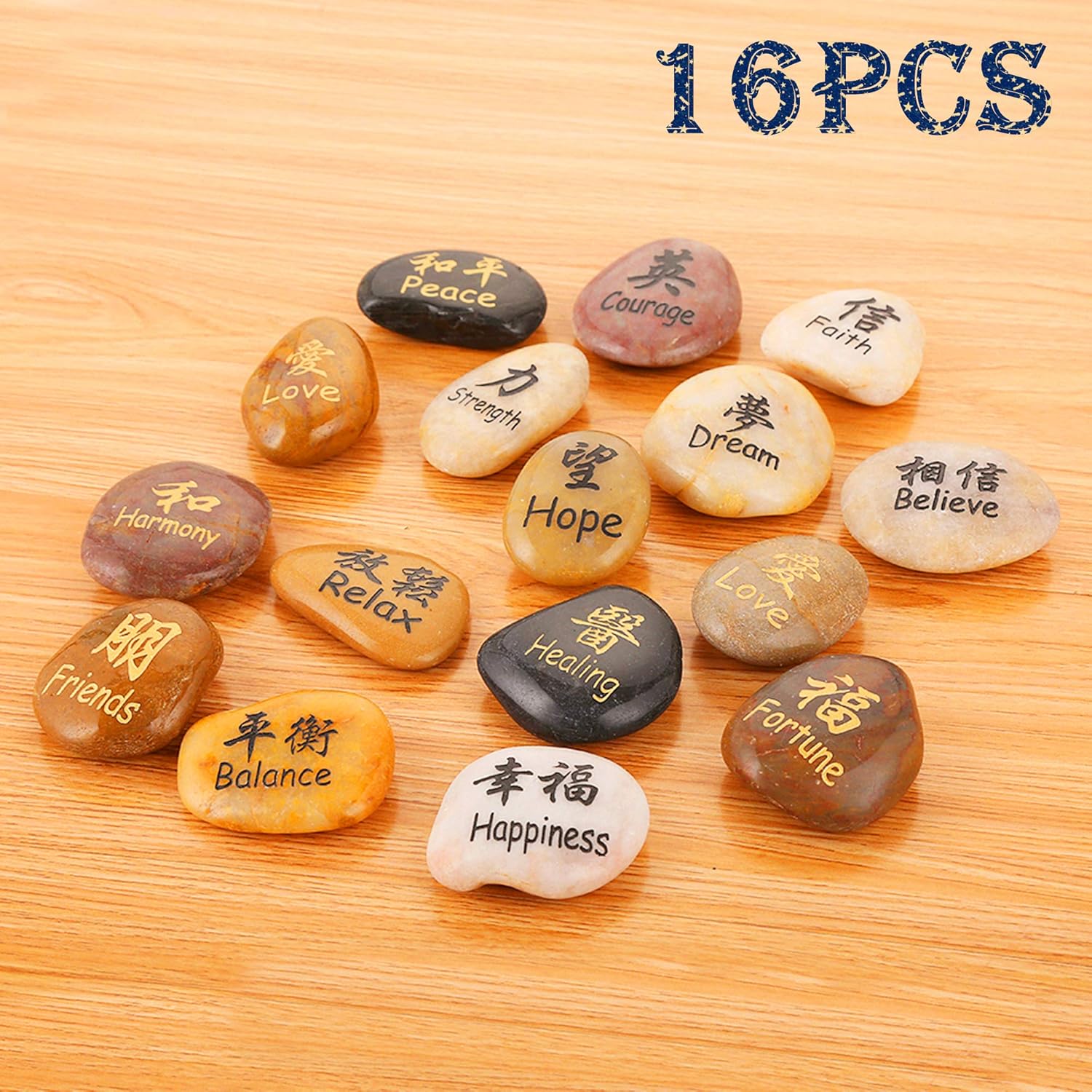 ROCKIMPACT 16PCS Kanji Engraved Stones for Feng Shui Zen Decor
