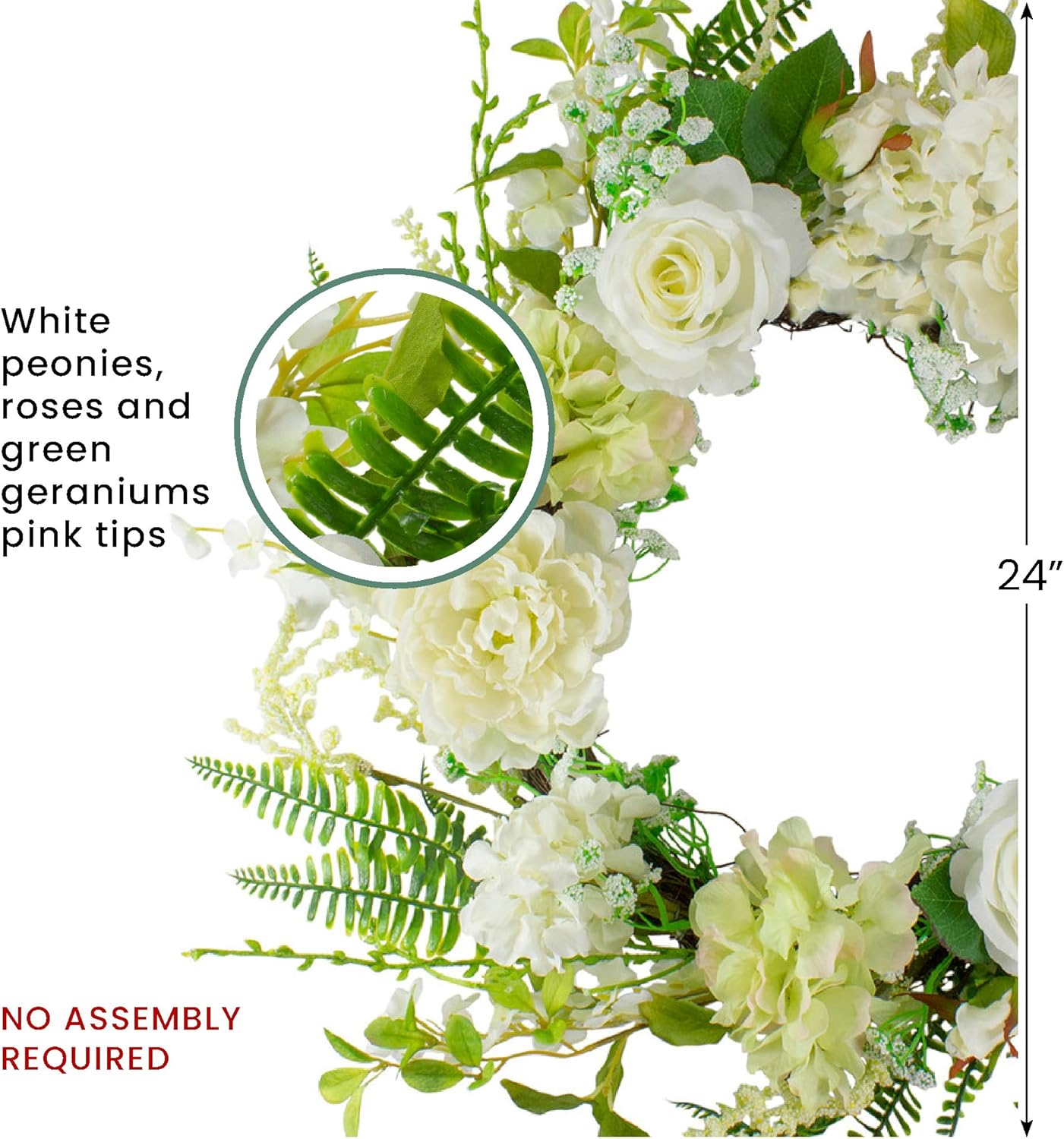Northlight Peony and Rose Artificial Spring Wreath 24-inch White Green