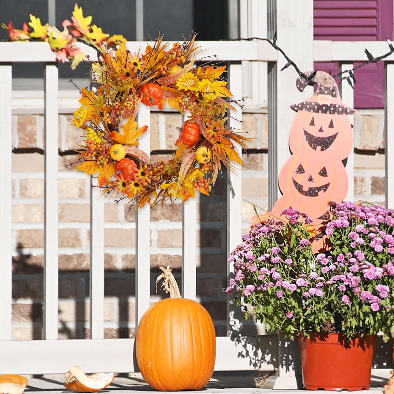 19 Inch Fall Wreath with Pumpkins and Maple Leaves