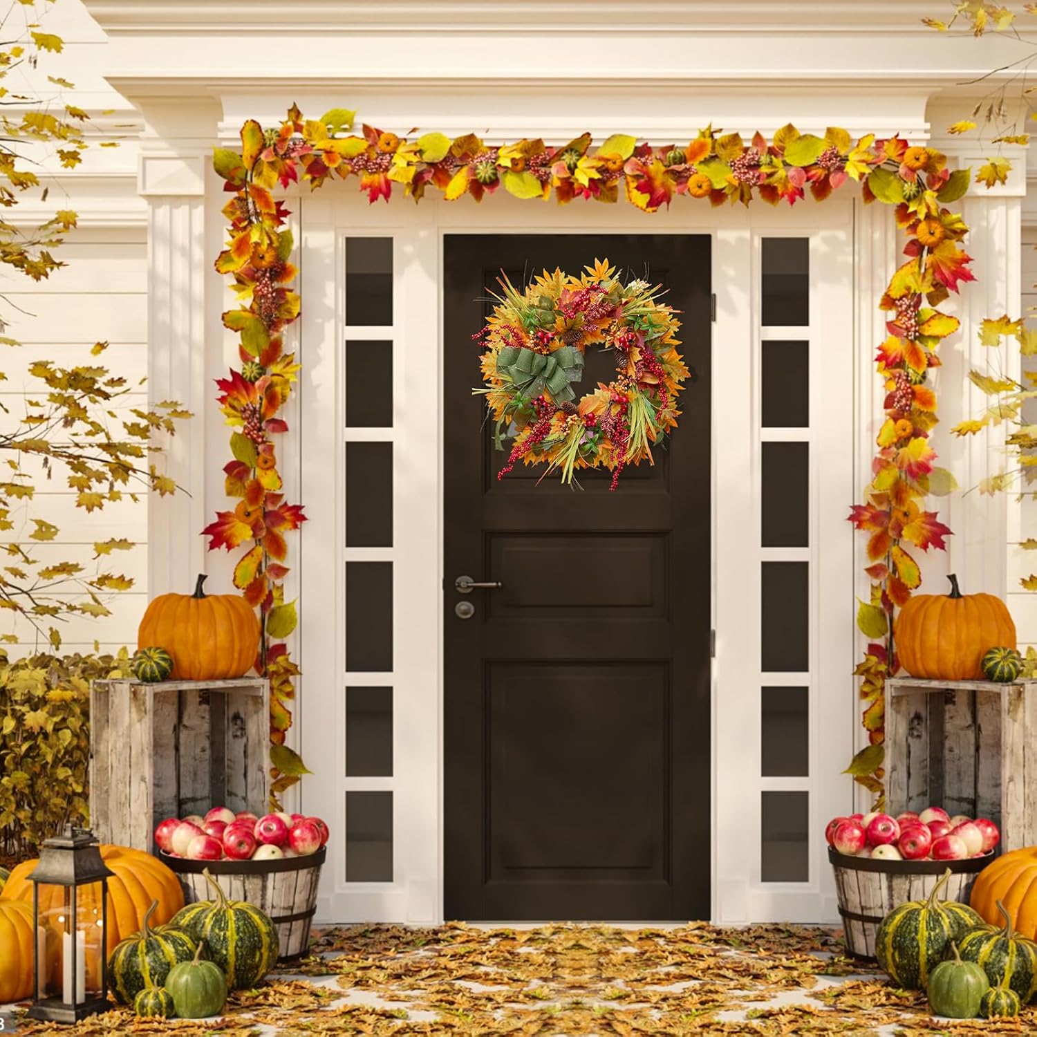 24 Inch Artificial Autumn Door Wreath with Green Bow and Maple Leaves