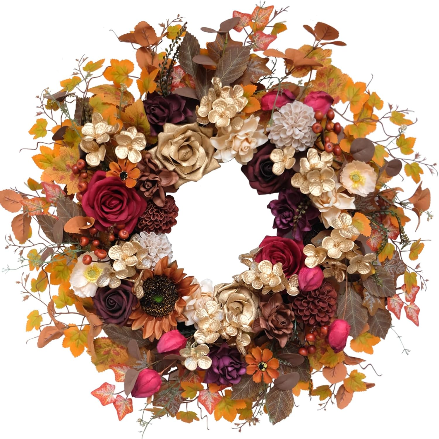 TEMPUS 24 Inch Artificial Fall Wreath - Red Gold Rose Floral Decor for Front Door Thanksgiving Harvest Wall Hanging
