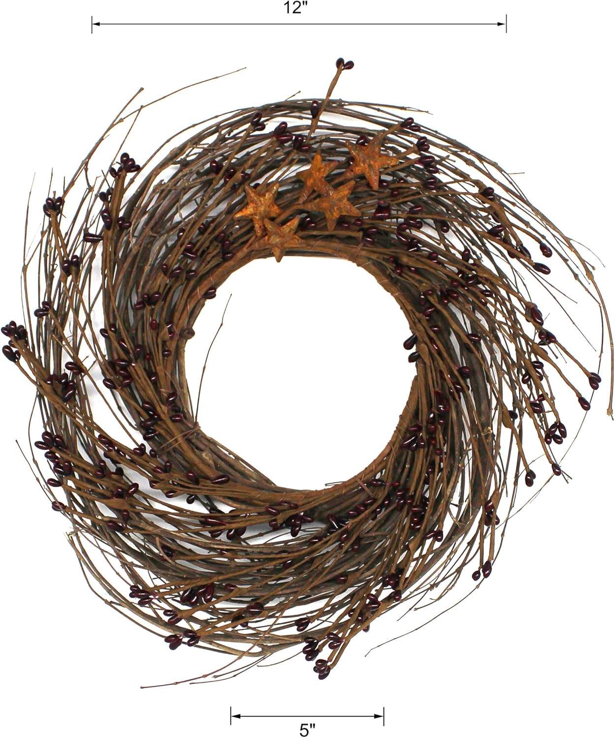 Primitives Rustic Wreath with Barn Stars and Berries 12 Inch Burgundy