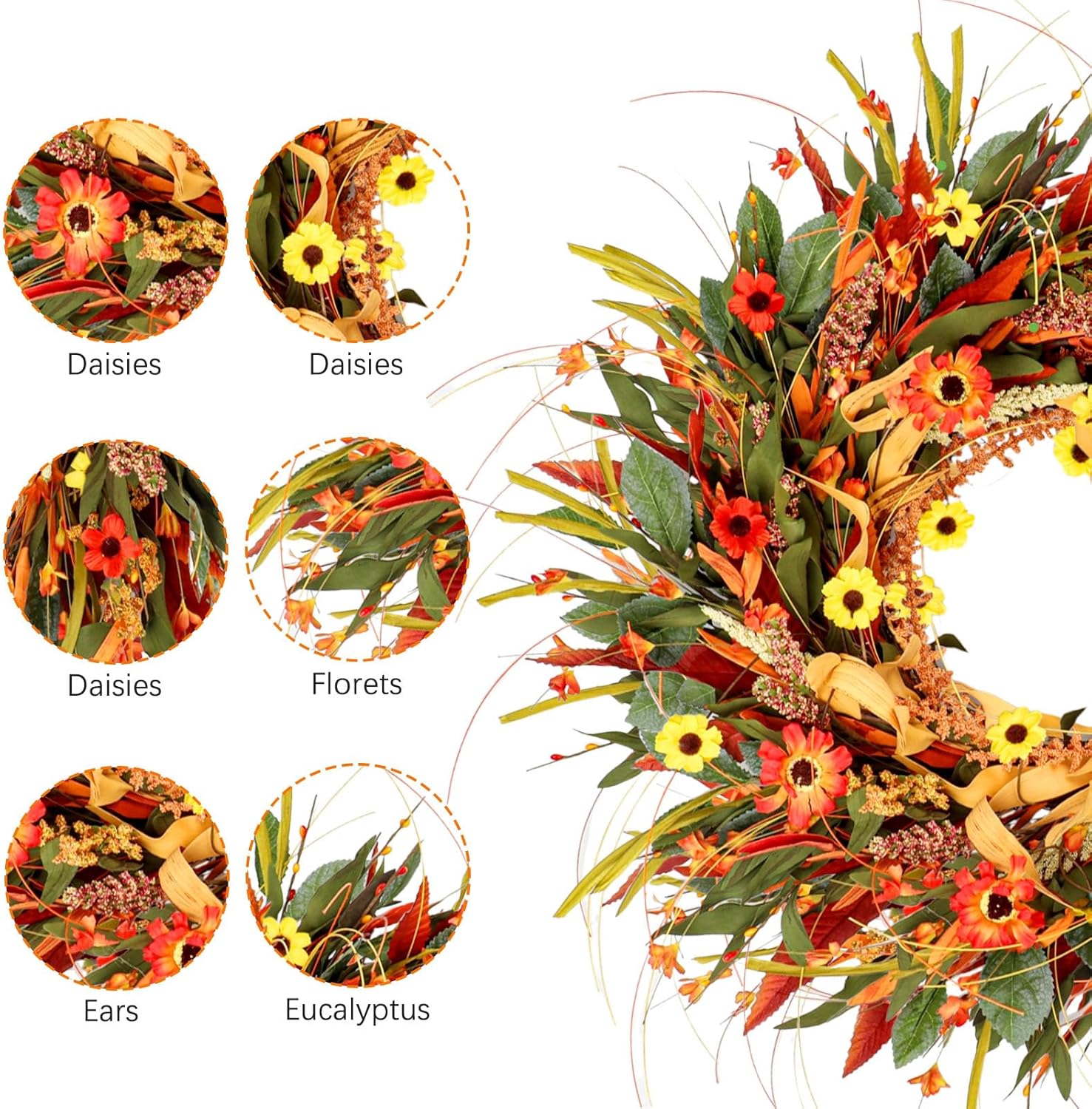 24 Inch Fall Wreath for Front Door Decor with Eucalyptus and Daisies