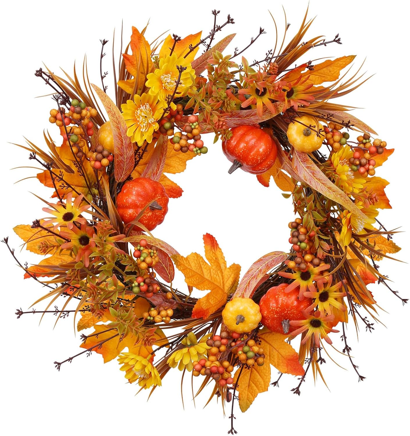 19 Inch Fall Wreath with Pumpkins and Maple Leaves
