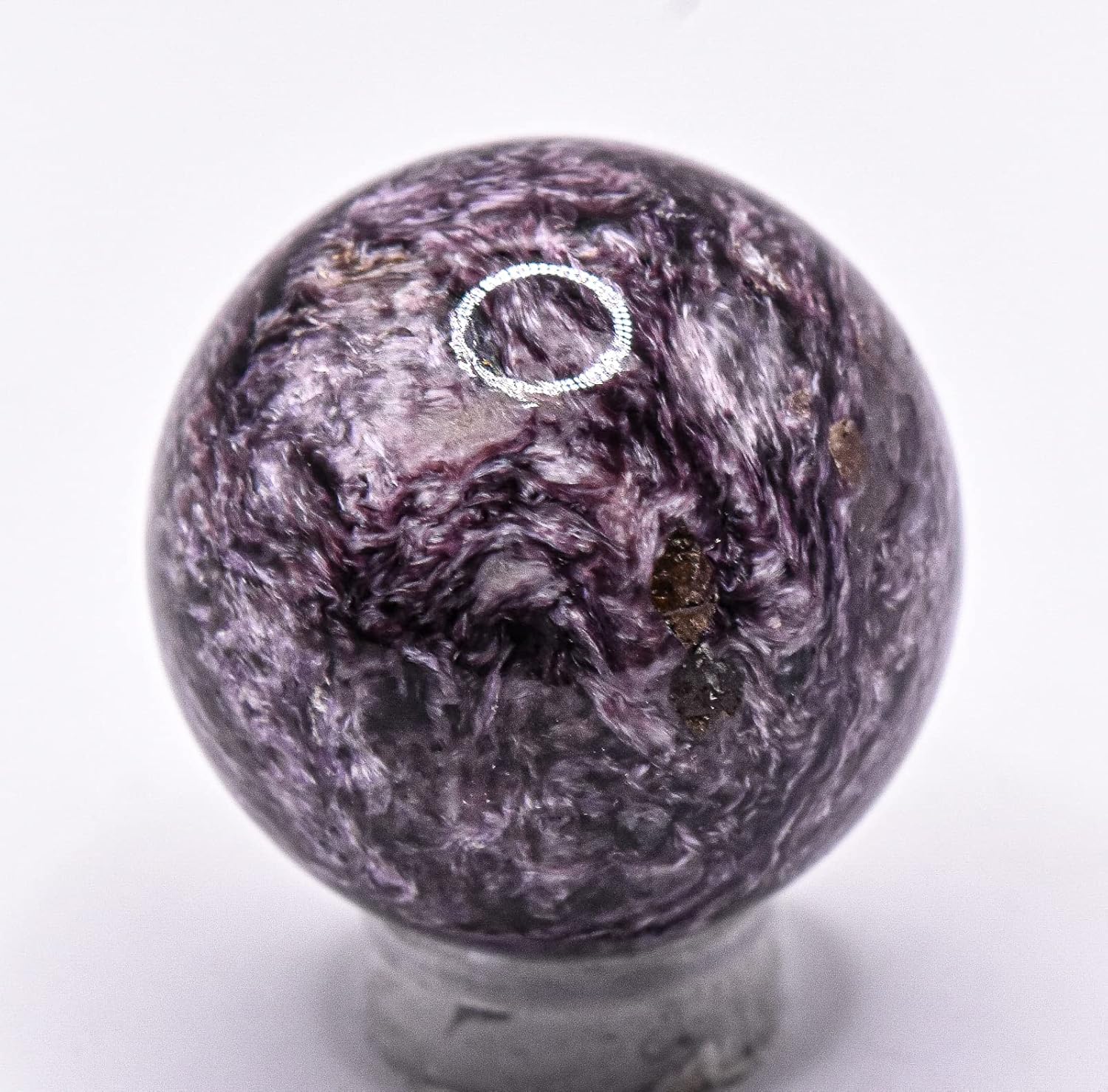 30mm Purple Charoite Sphere with Orange Inclusions Decor Ball - Russia Stand Included