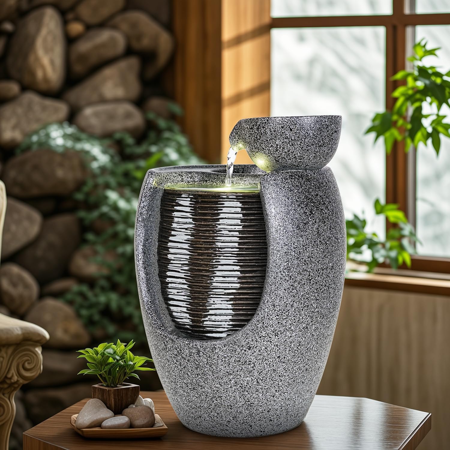 10 Inch Ceramic LED Tabletop Water Fountain with Plant Holder