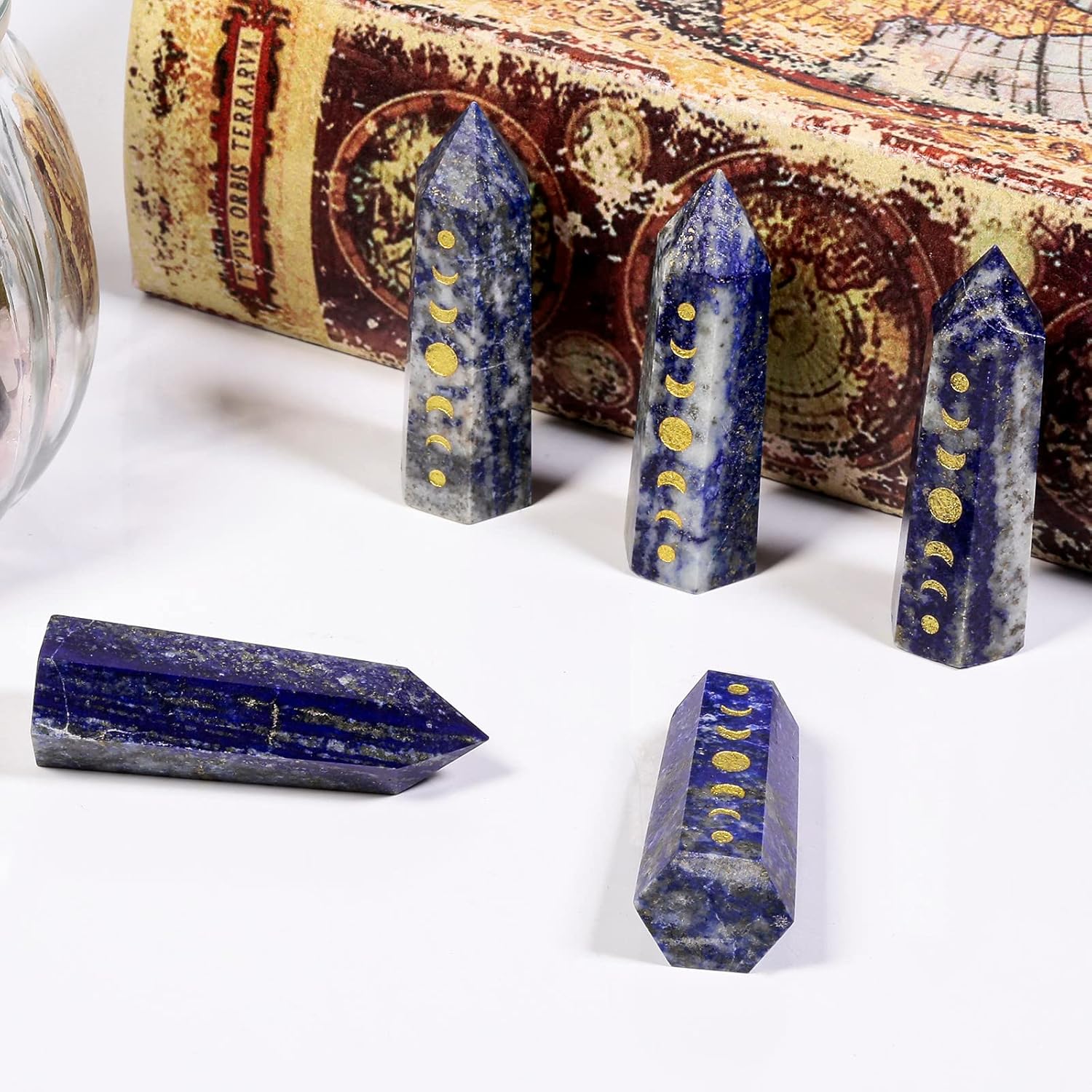 Set of 7 Engraved Moon Phase Crystal Wand Stones for Meditation and Home Decor