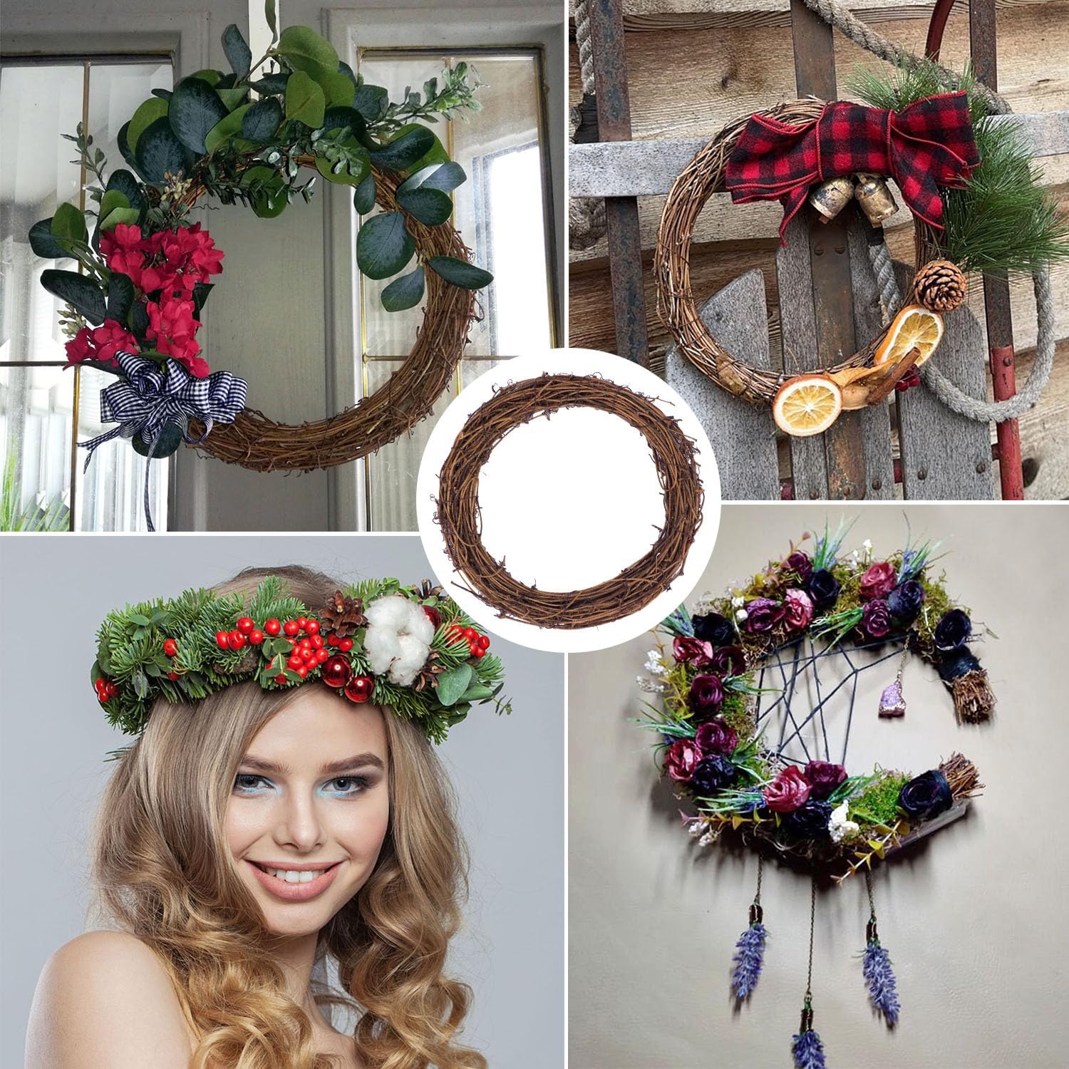 7PCS 10 Inch Natural Rattan Wreaths for Decor