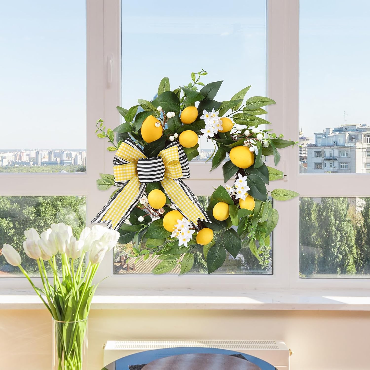 20 Inch Lemon Wreath for Front Door with Daisy Bow Eucalyptus Leaves and White Berries