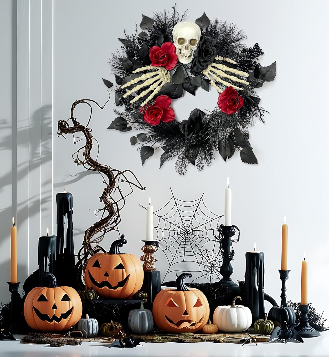 Halloween Skull Wreath with Hands 16 Inch Gothic Garland Decor
