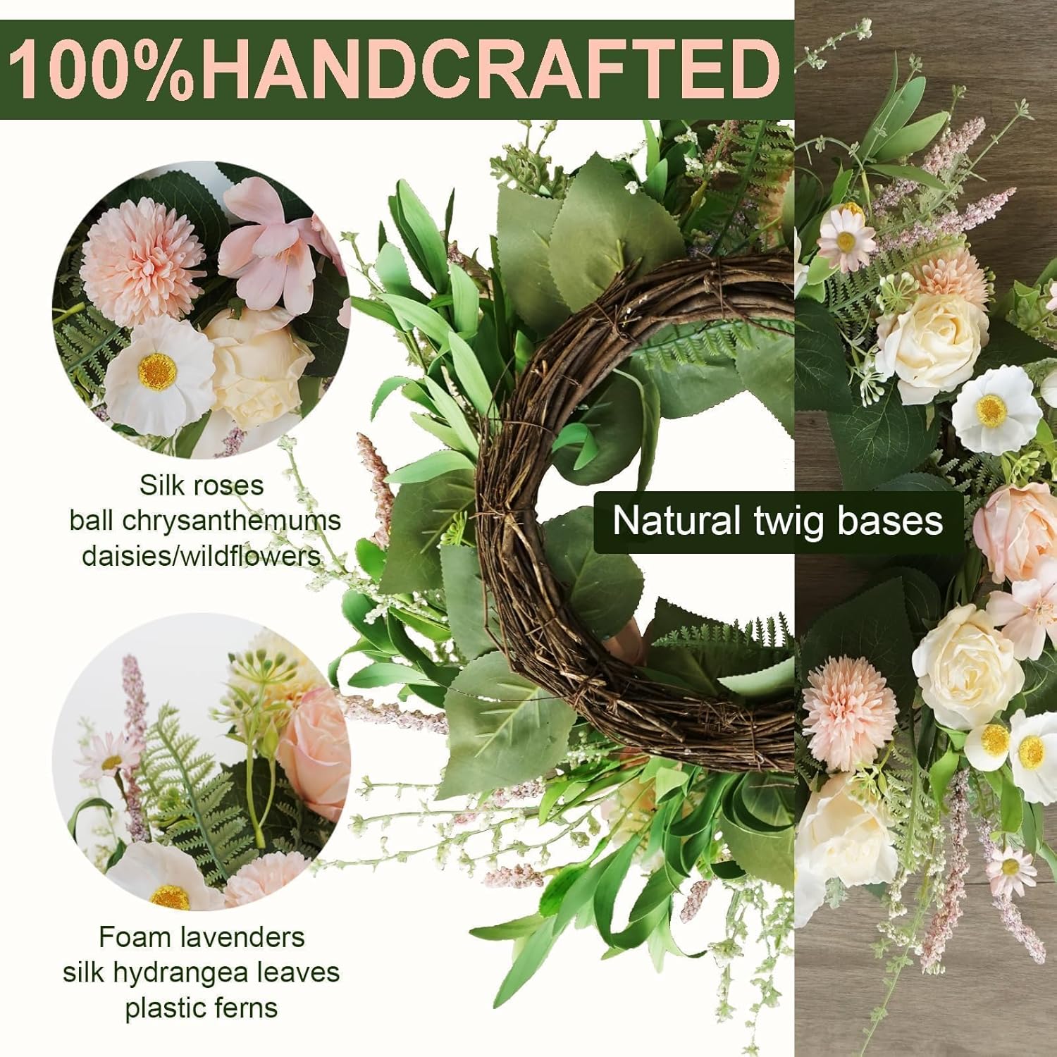 Pink Spring Summer Wreath for Front Door Decor