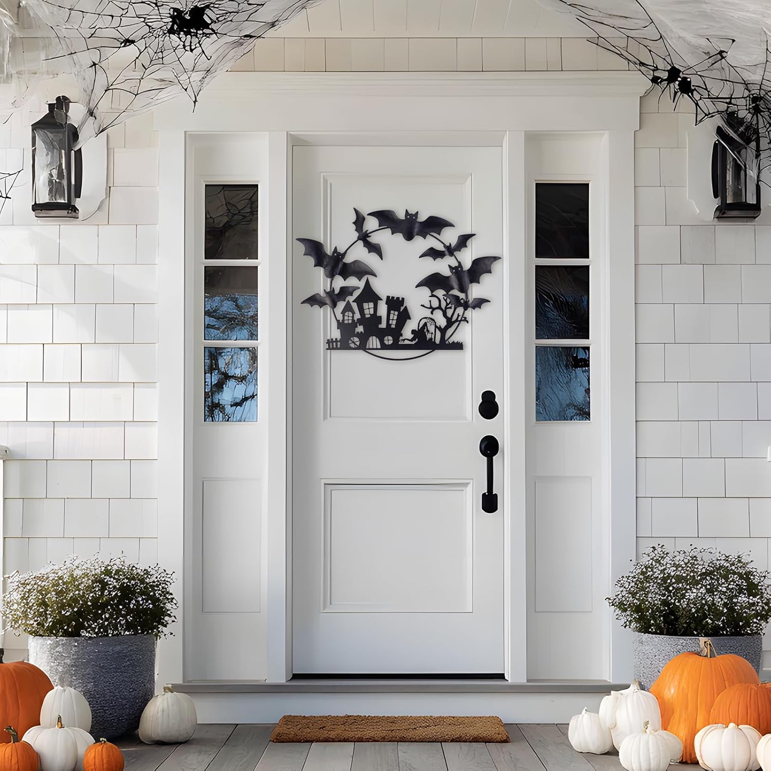 Halloween Metal Wreath - 20 Inch Black Iron Decor with Bats Castle Witch and Tree