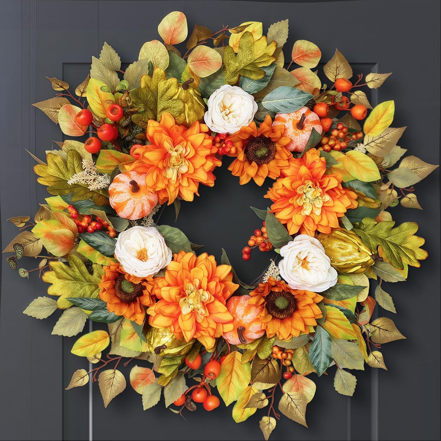 24 Inch Fall Wreath with Pumpkins and Berries
