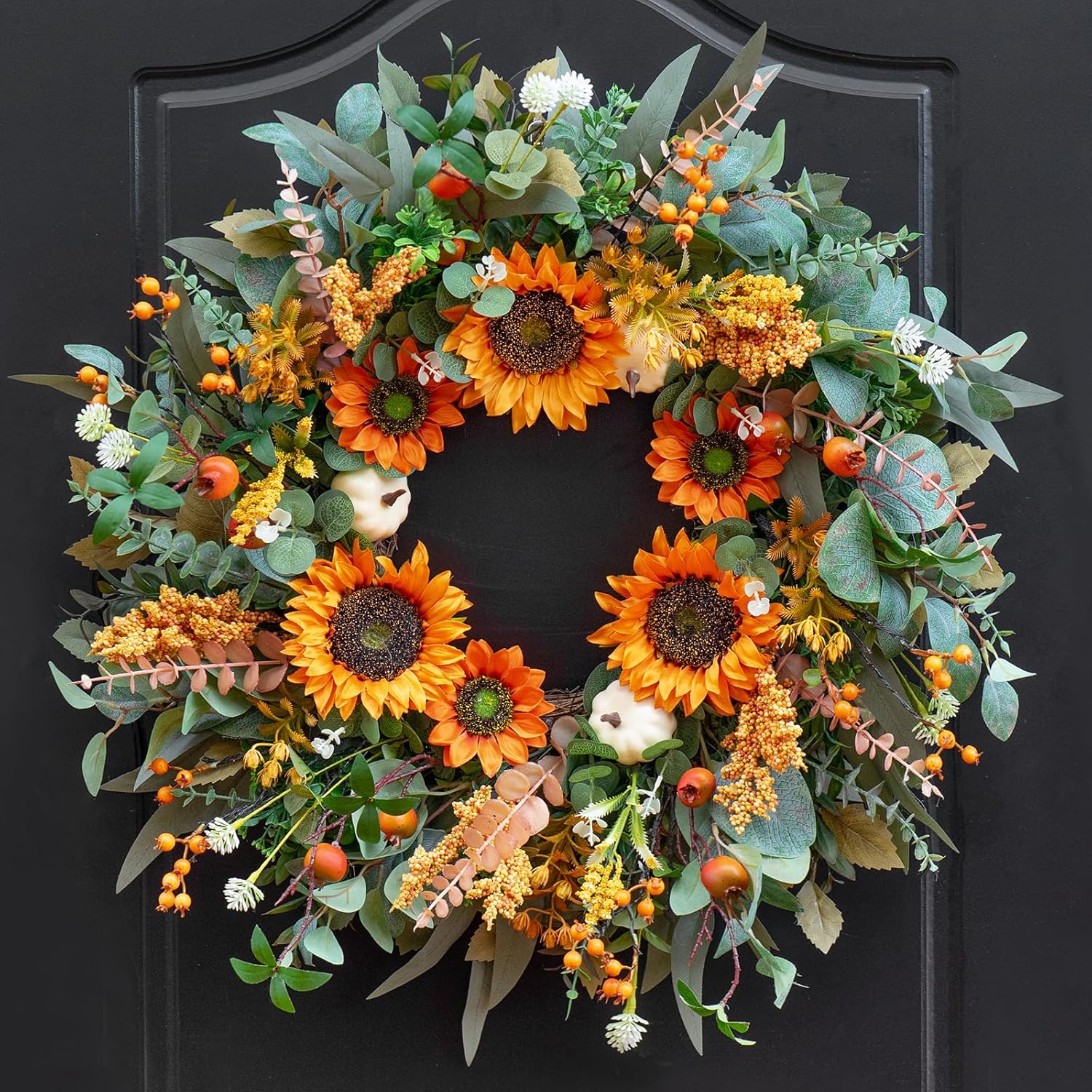 24 Inch Fall Door Wreath with Sunflowers and Berries