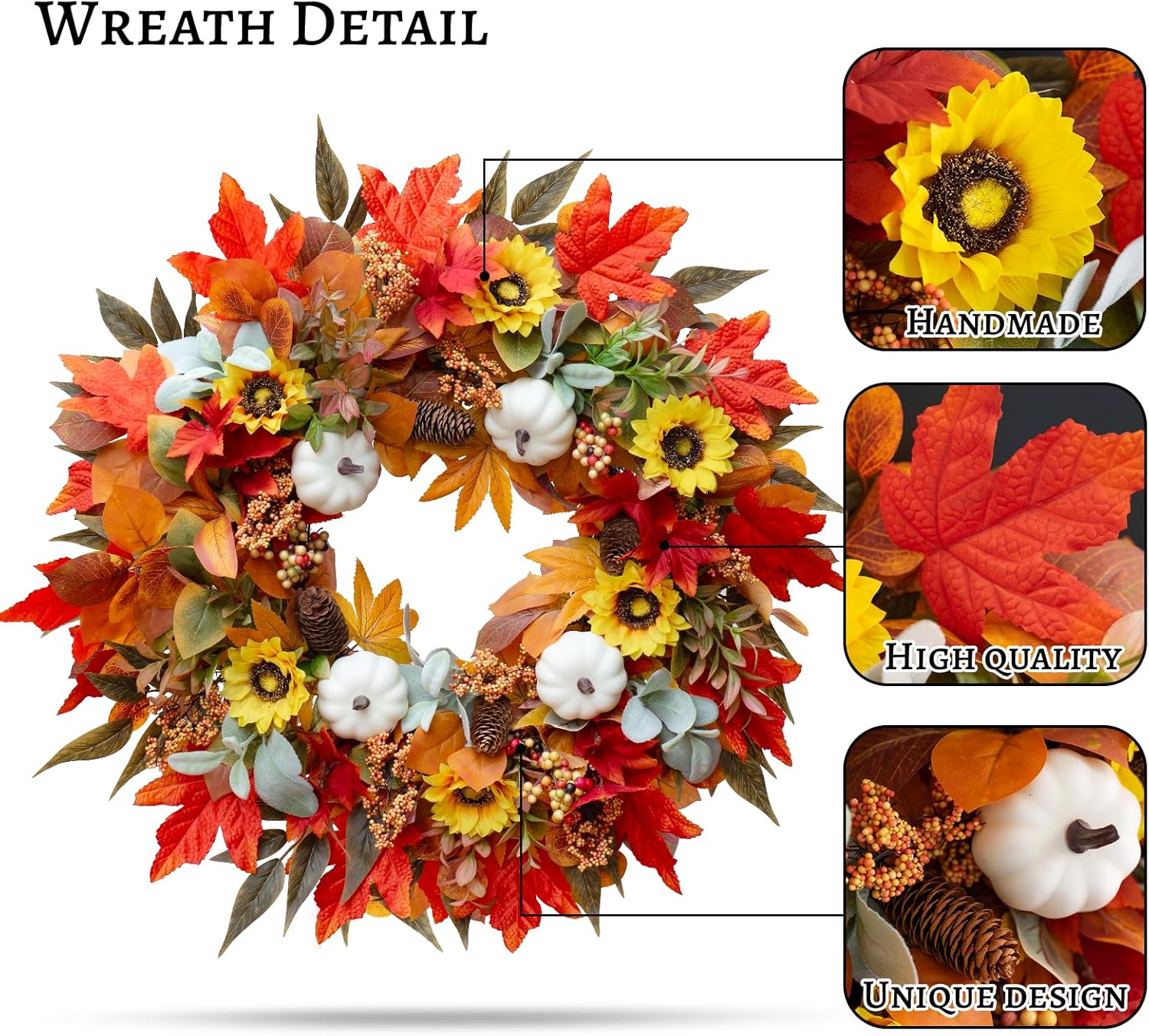 Fall Wreaths for Front Door 24 Inch Autumn Decor with Pumpkins Maple Leaves Wildflowers Berries