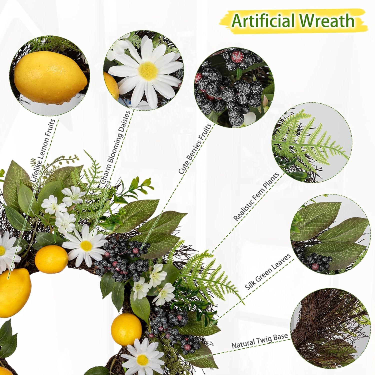 18 Inch Artificial Lemon Wreath for Front Door Summer Door Decor