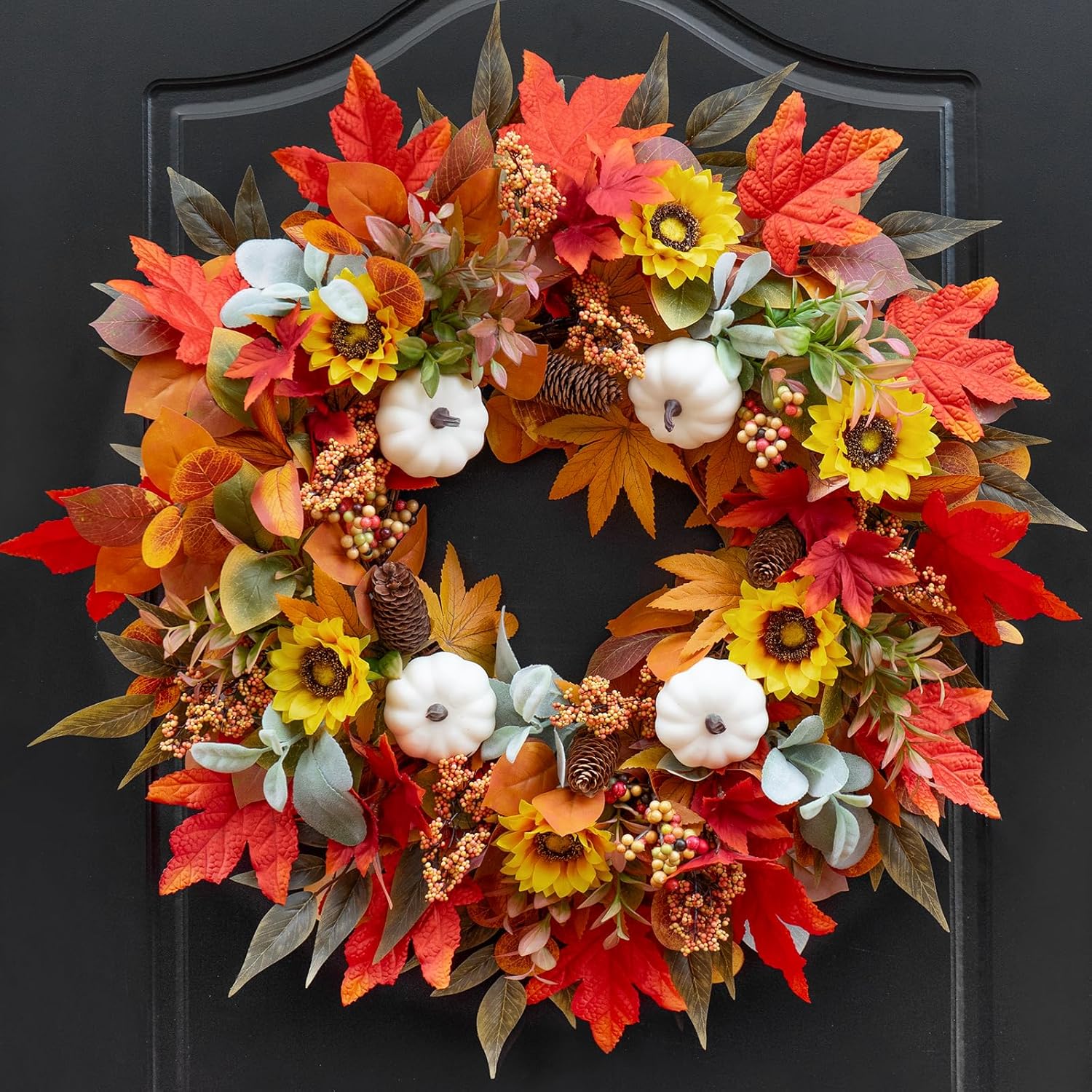Fall Wreaths for Front Door 24 Inch Autumn Decor with Pumpkins Maple Leaves Wildflowers Berries