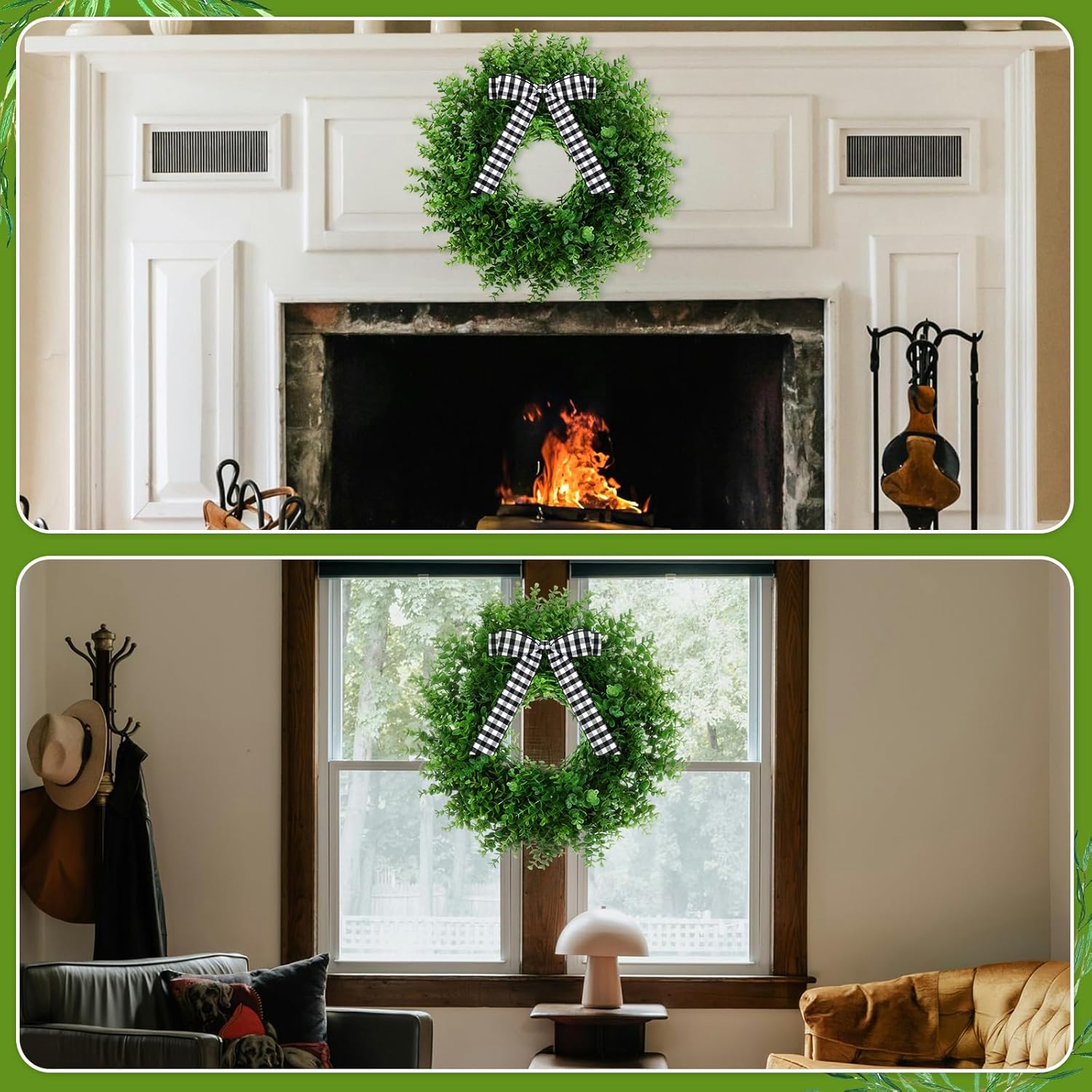 Artificial Boxwood Wreath with 3 Plaid Bows for Front Door