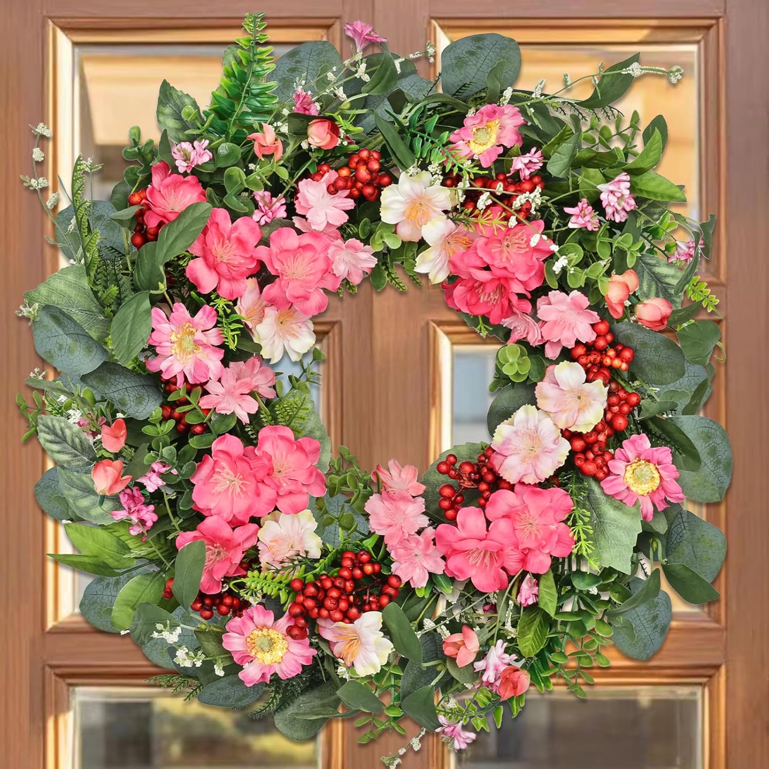 18 Inch Colorful Wildflower Wreath with Green Leaves for Home Front Door Wedding Dcor