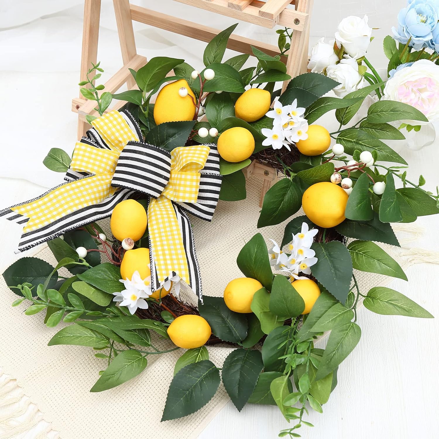 20 Inch Lemon Wreath for Front Door with Daisy Bow Eucalyptus Leaves and White Berries