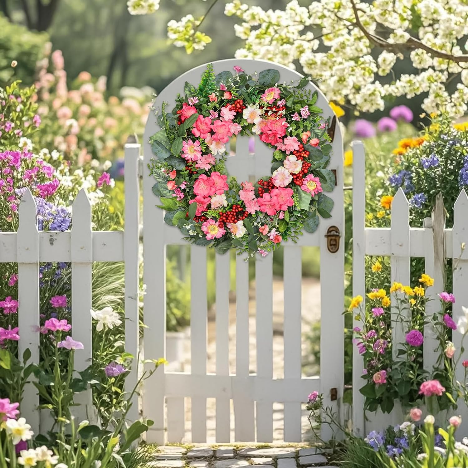 18 Inch Colorful Wildflower Wreath with Green Leaves for Home Front Door Wedding Dcor