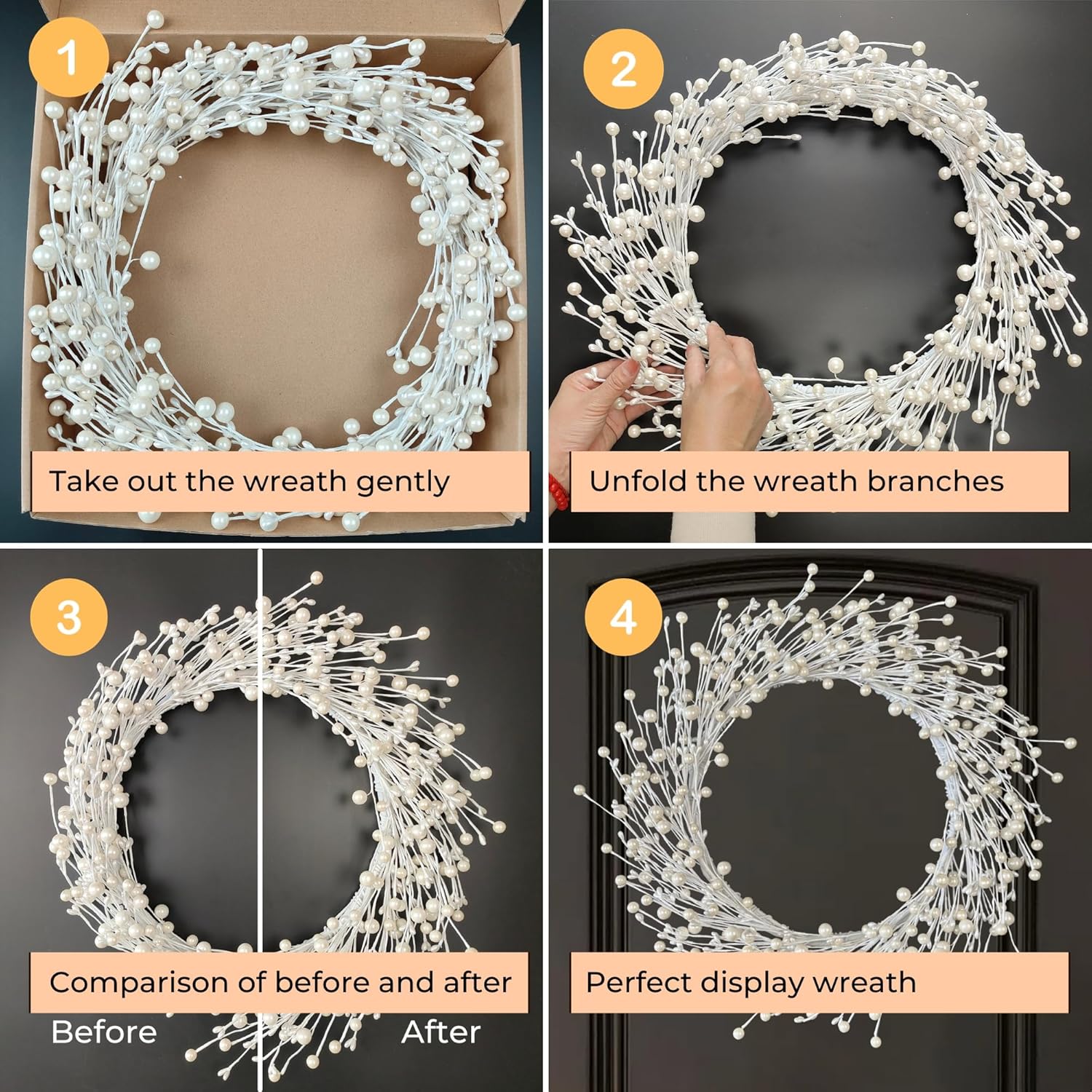 Pearl White Berry Wreath for Front Door 20 Inch Wall Hanging