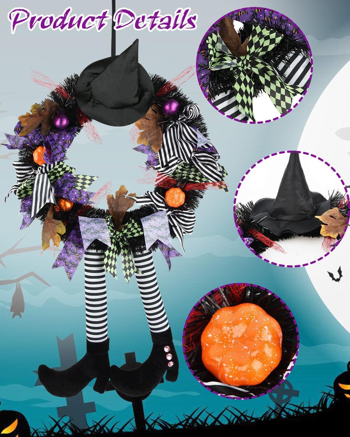 Halloween Witch Wreath Front Door Decor Black Wreath with Hat and Legs