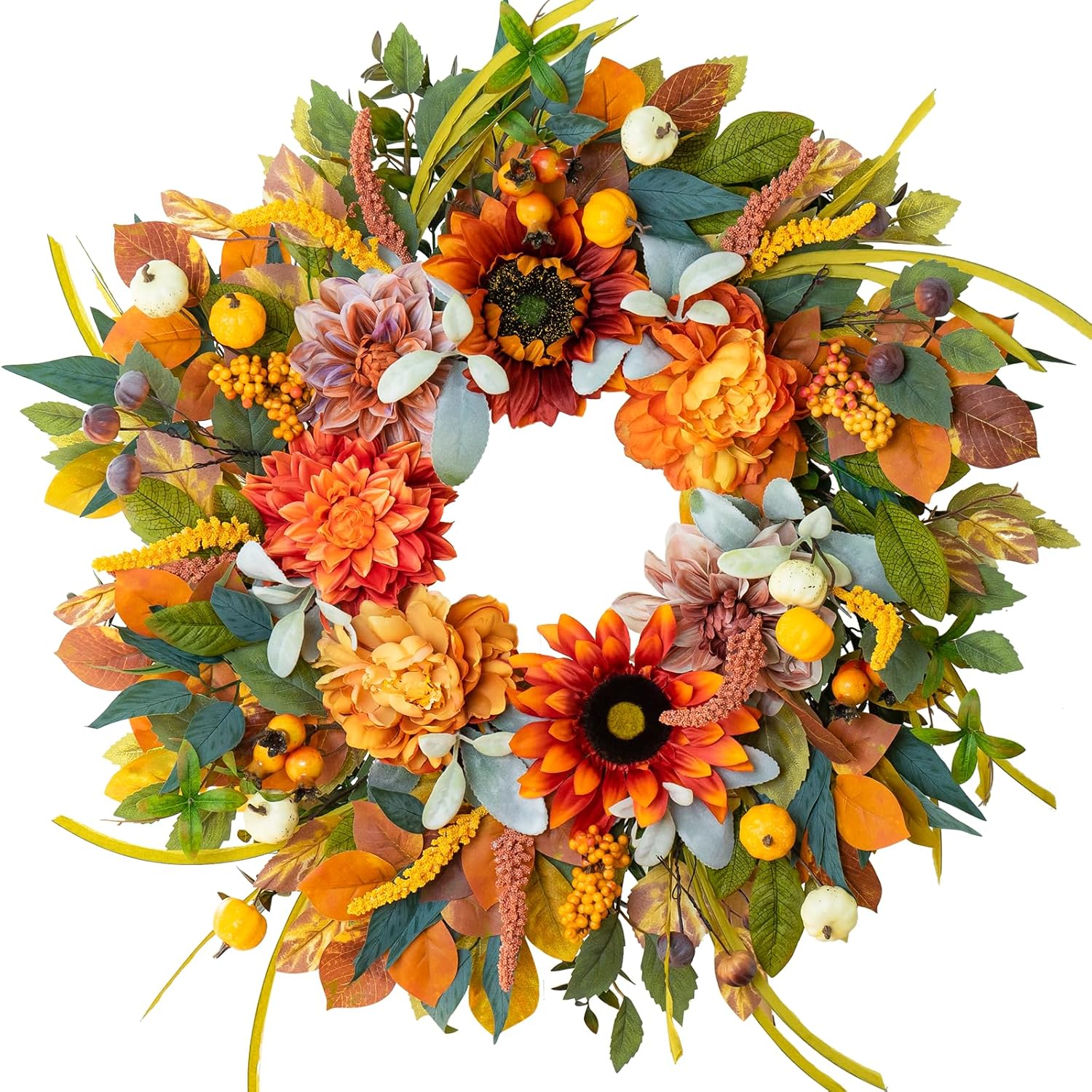 24 Inch Fall Wreath with Sunflowers Dahlias Pumpkins for Front Door