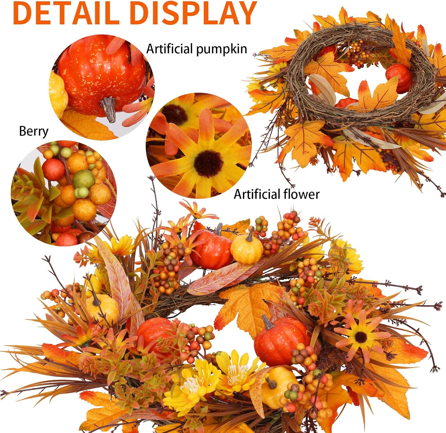 19 Inch Fall Wreath with Pumpkins and Maple Leaves