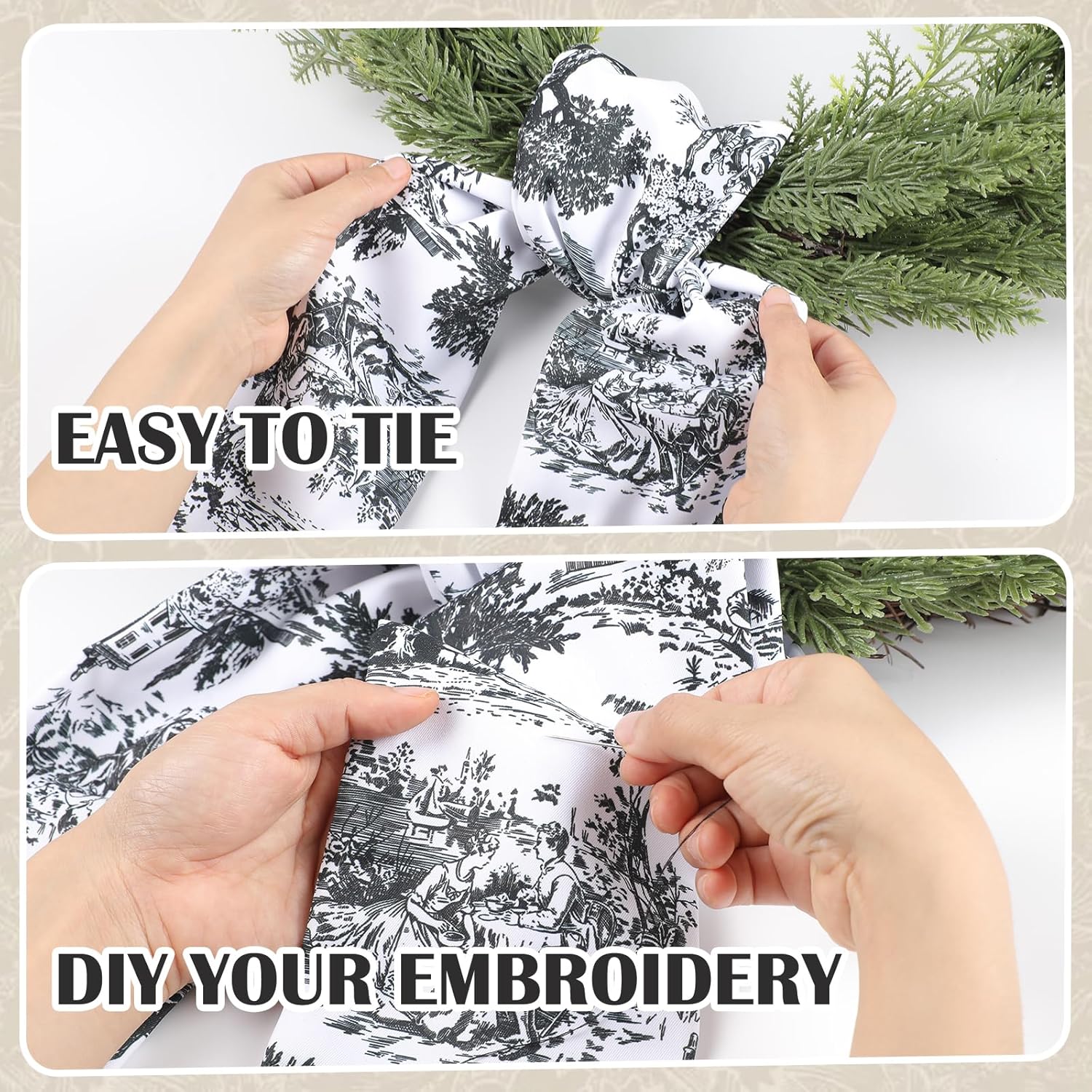 Black Wreath Sash for Front Door - 2 Pcs French Toile Accents for Home Decor