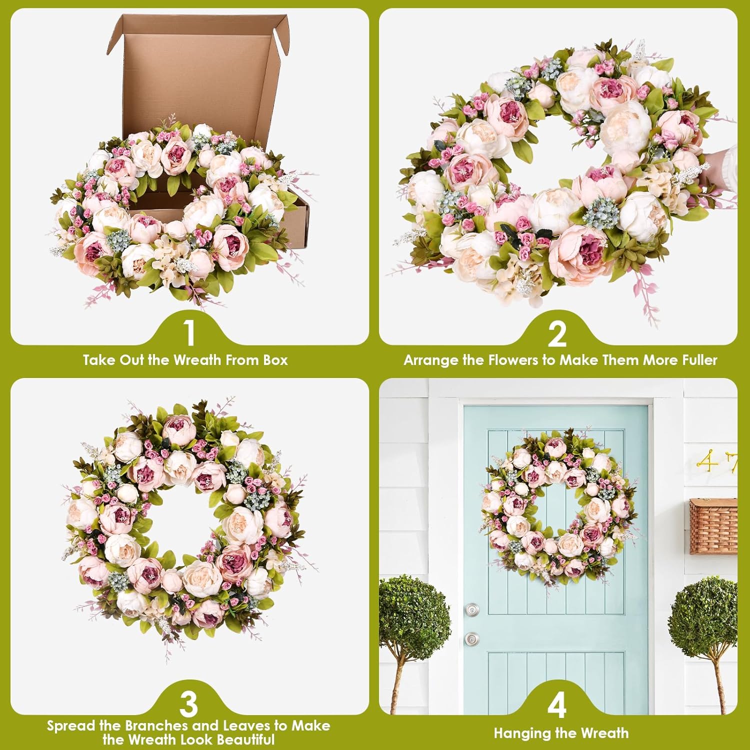 Covanm 22 Inch Spring Peony Wreath for Front Door Decor