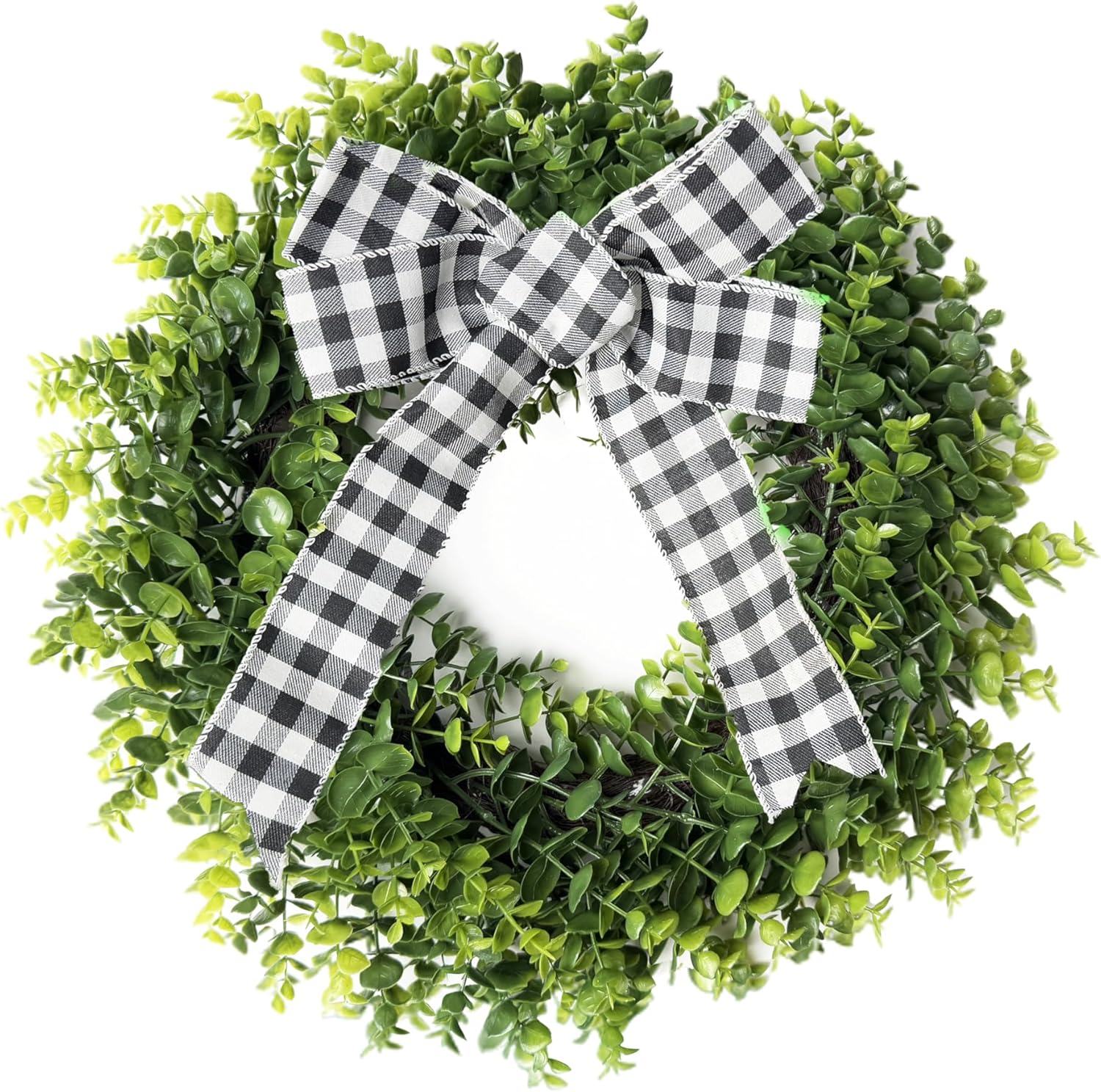 Yinfidee 18 Inch Artificial Green Boxwood Wreath with Buffalo Plaid Bow and LED Lights