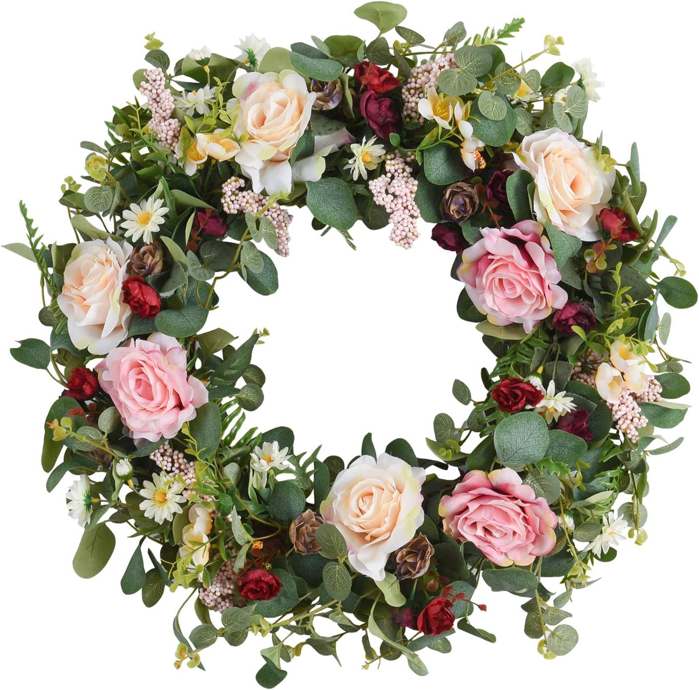 WANNA-CUL 24 Inch Spring Rose Wreath for Front Door Decor