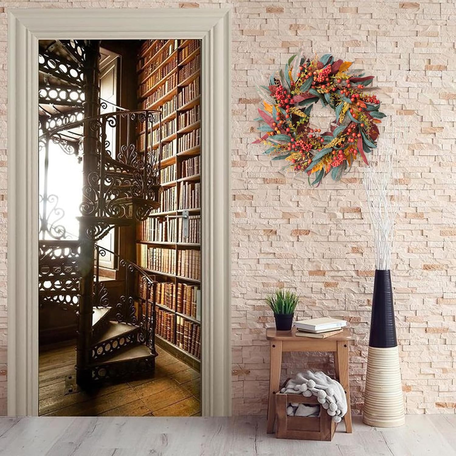 TEMPUS 22 Inch Fall Wreath Artificial Berry Willow Leaf Door Decoration