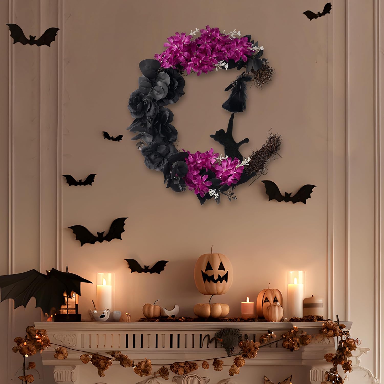 JOYIN Halloween Black Moon Wreath with Black Cat