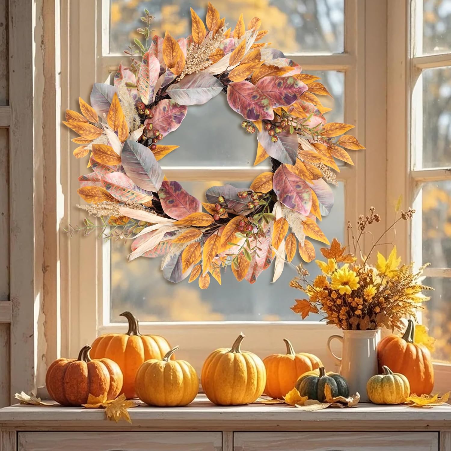 22 Inch Artificial Fall Wreath with Berries and Maple Leaves