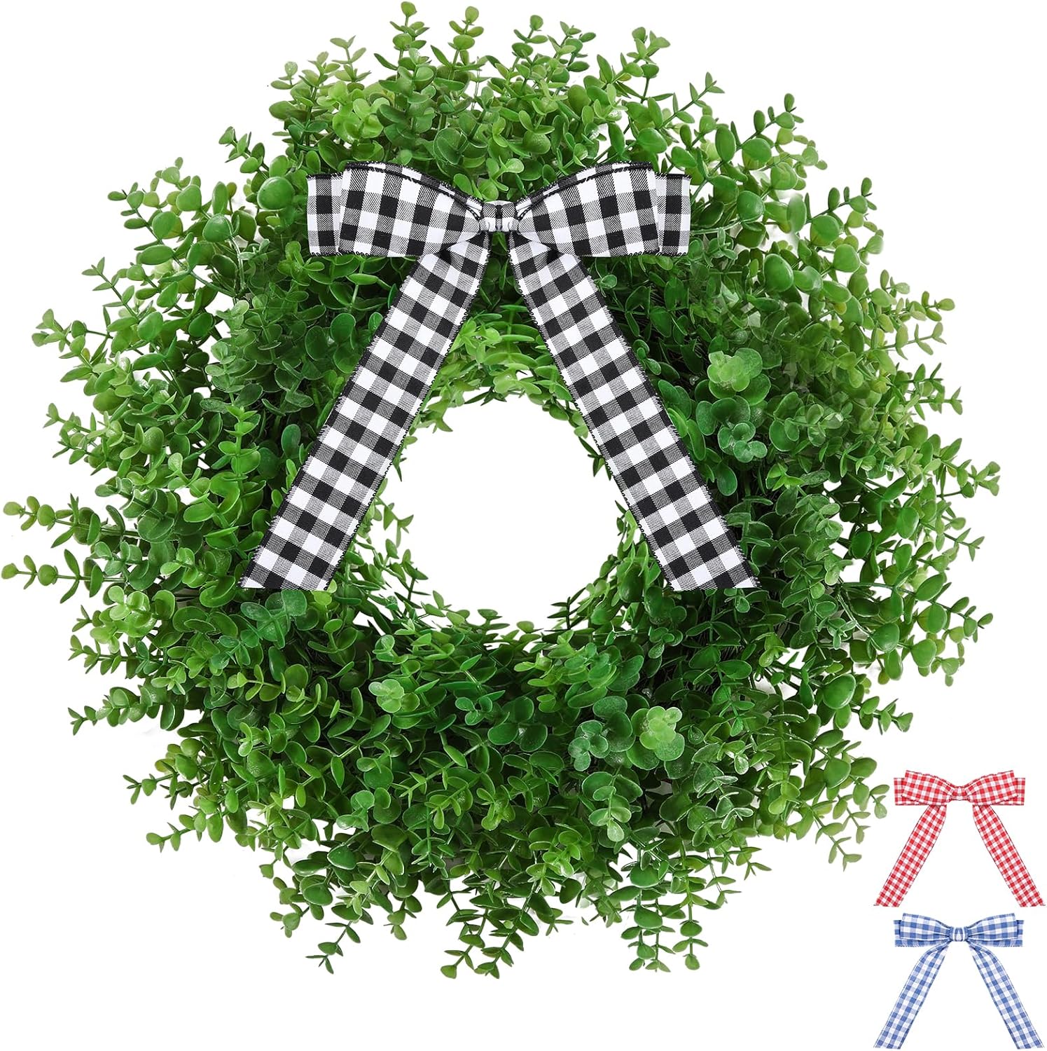Artificial Boxwood Wreath with 3 Plaid Bows for Front Door