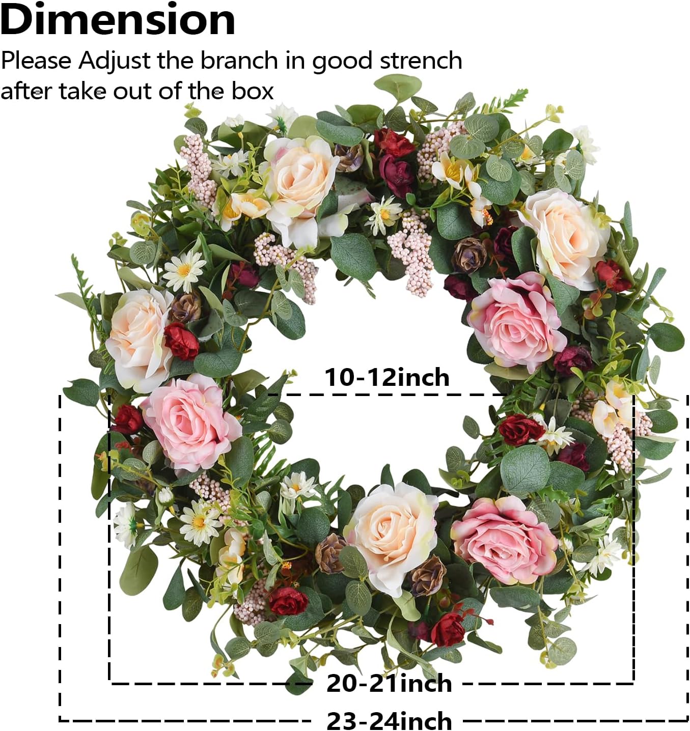 WANNA-CUL 24 Inch Spring Rose Wreath for Front Door Decor