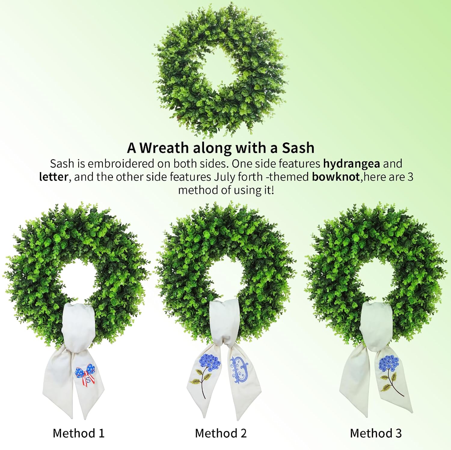 Vofuly Boxwood Wreath with Monogram Sash - 20 Inch