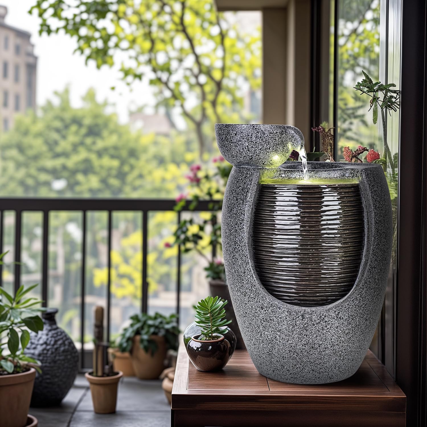 10 Inch Ceramic LED Tabletop Water Fountain with Plant Holder