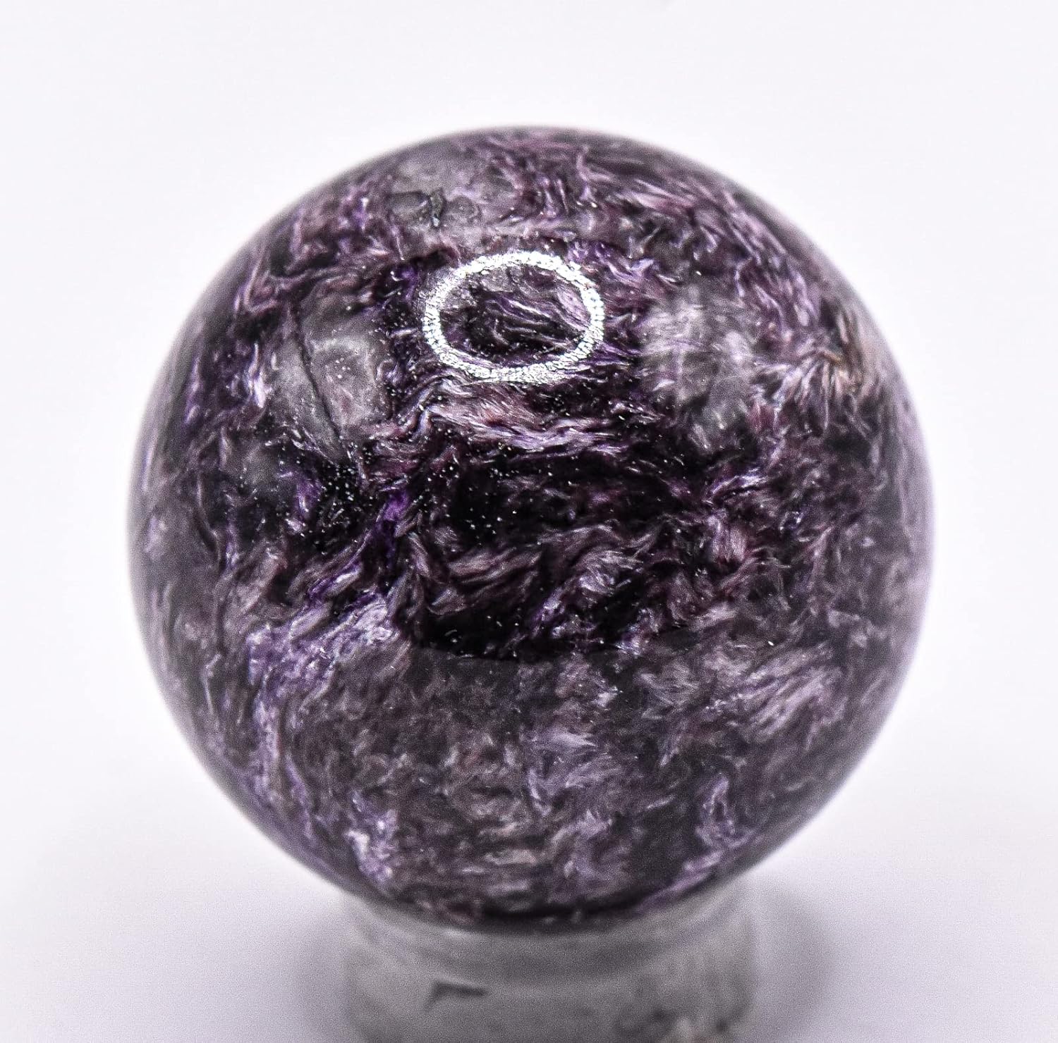 30mm Purple Charoite Sphere with Orange Inclusions Decor Ball - Russia Stand Included