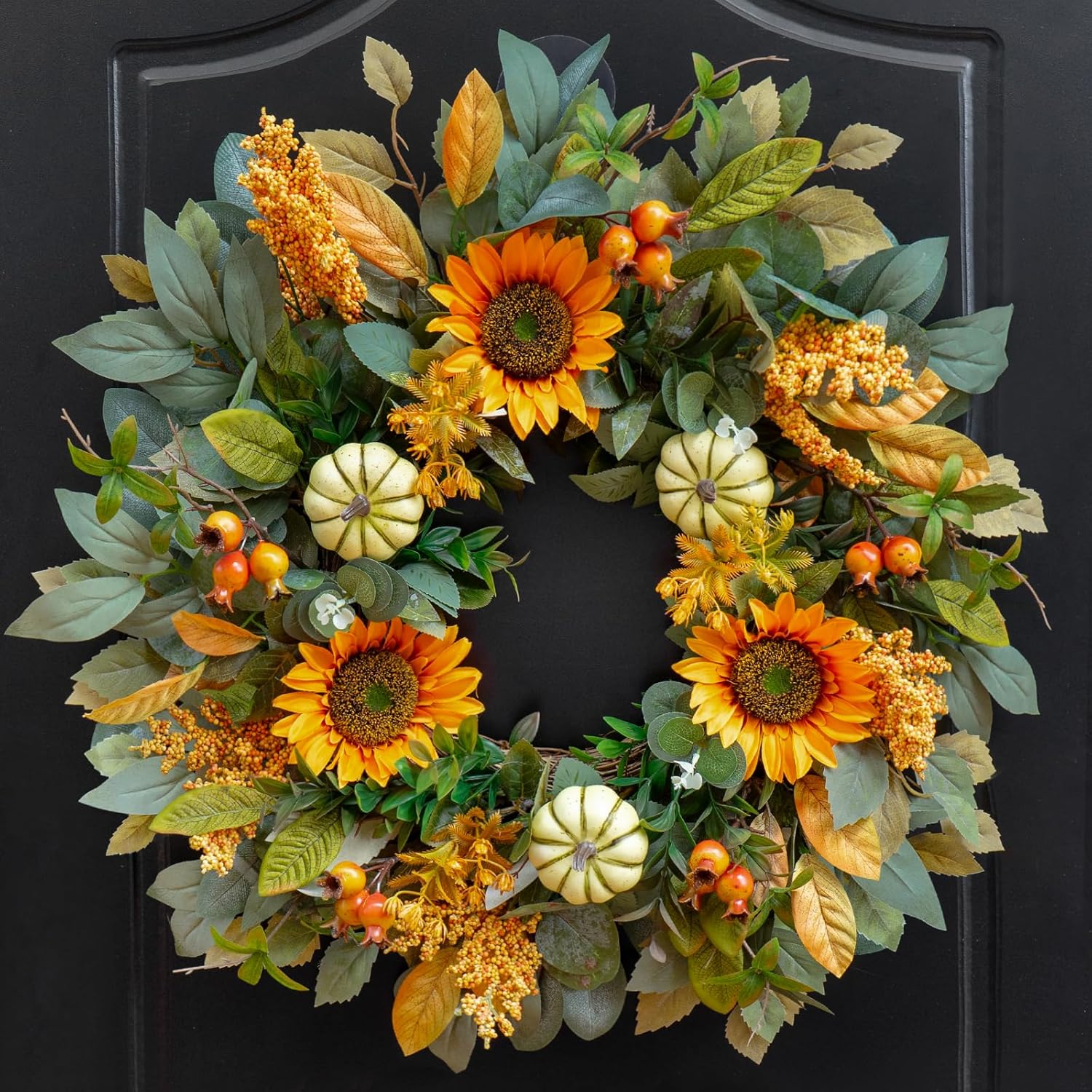 24 Inch Fall Wreath with Sunflowers and Pumpkins