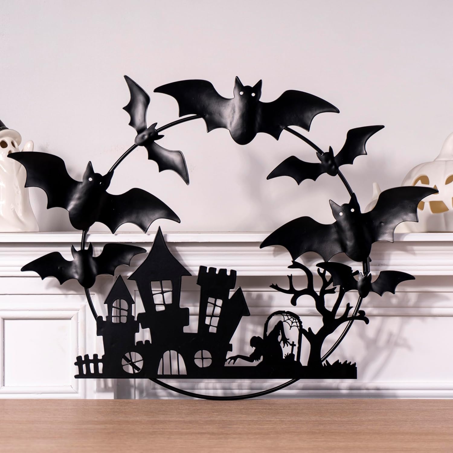 Halloween Metal Wreath - 20 Inch Black Iron Decor with Bats Castle Witch and Tree