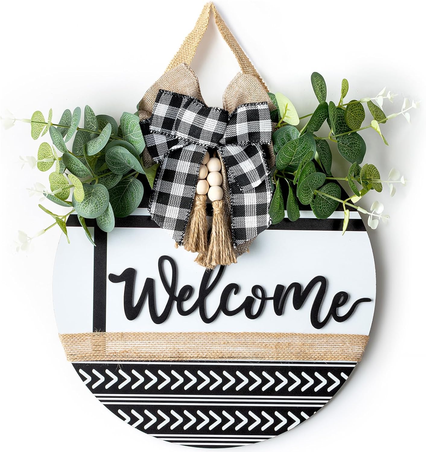 Welcome Sign for Front Door Decor - Walasis 12inch Wooden Farmhouse Wreath with Bow Beads