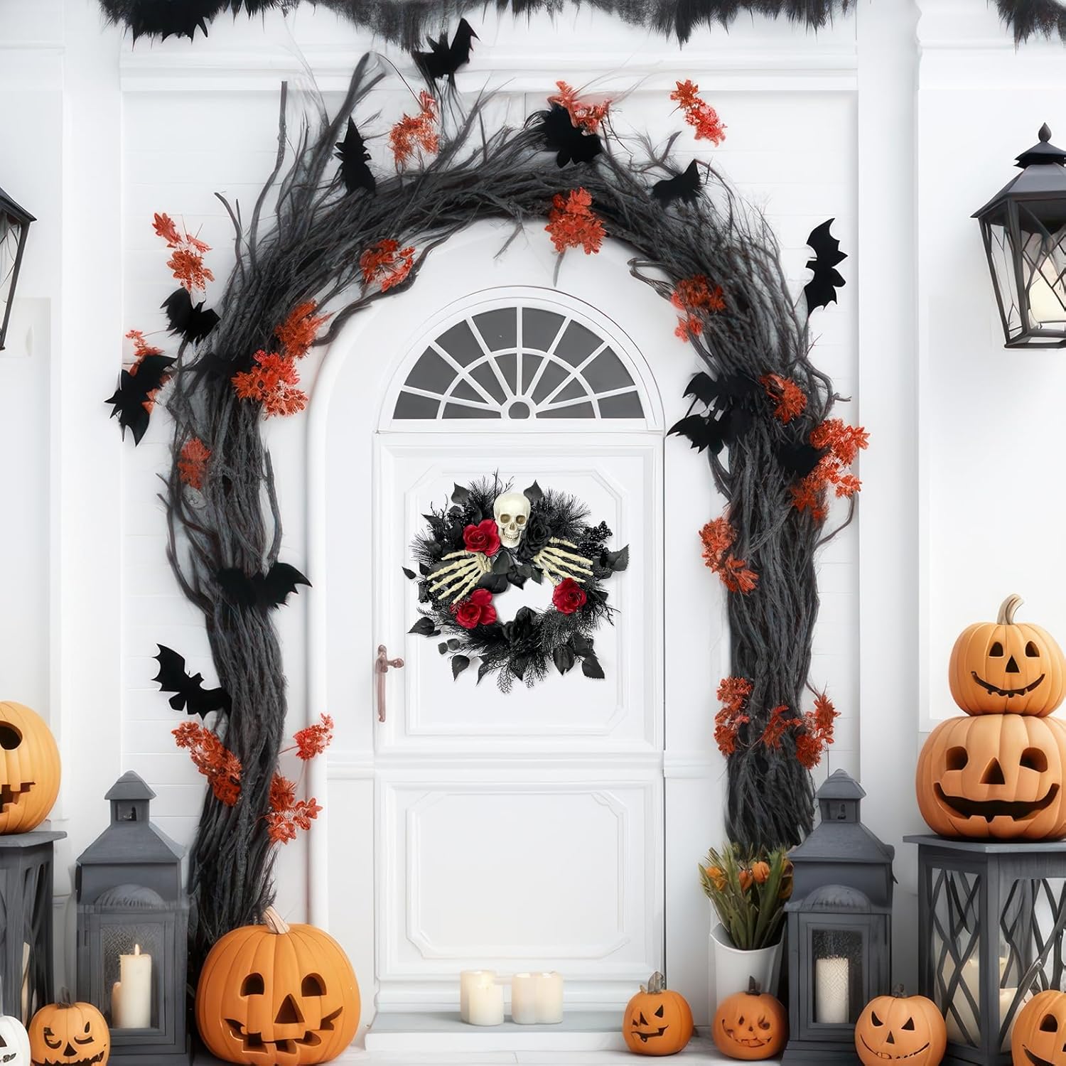 Halloween Skull Wreath with Hands 16 Inch Gothic Garland Decor