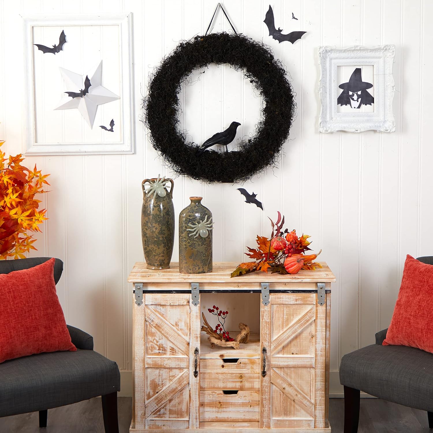 Nearly Natural 30in Halloween Black Raven Wreath