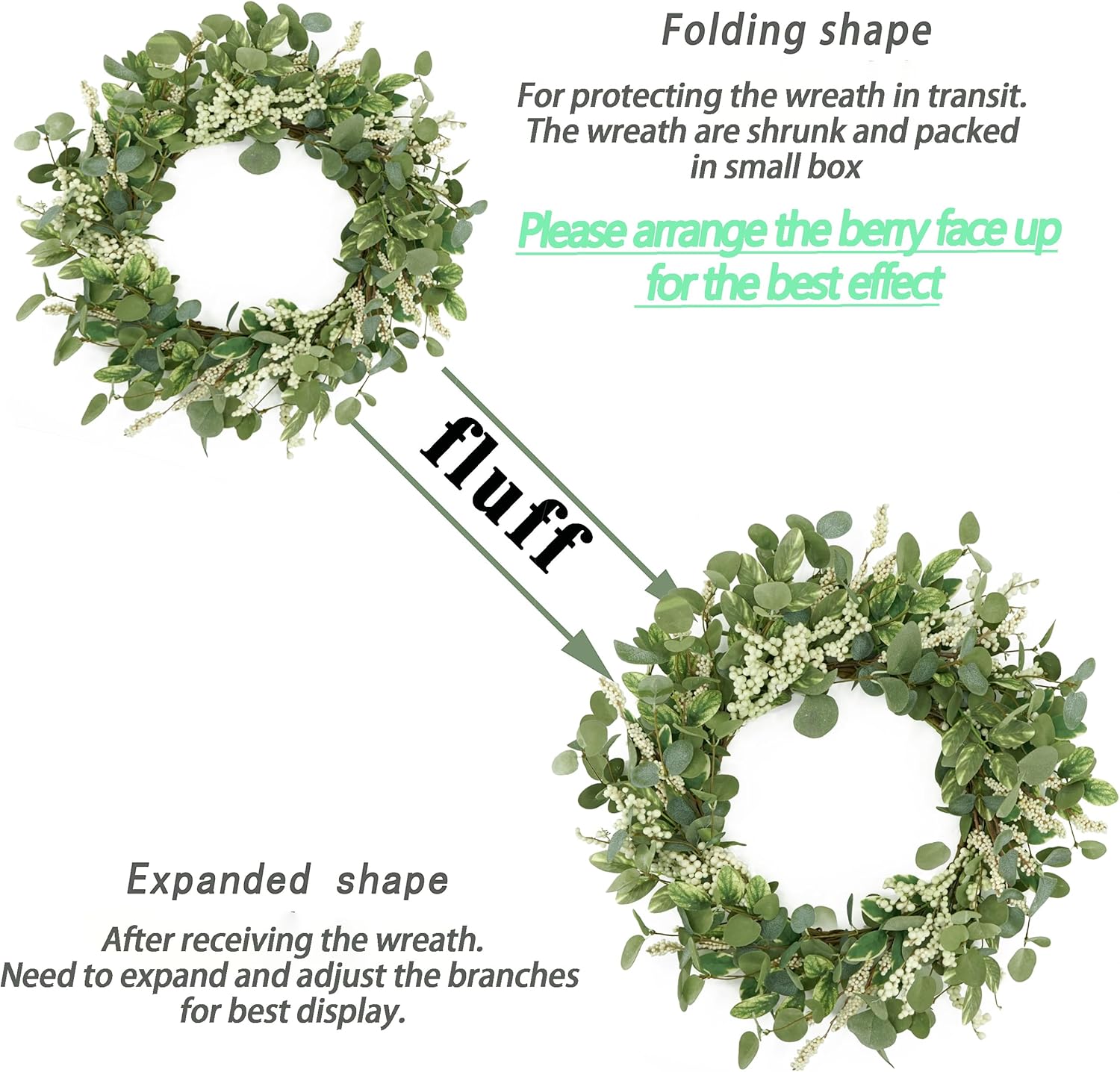 20 Inch Green Eucalyptus Wreath with Berries for Front Door Decor